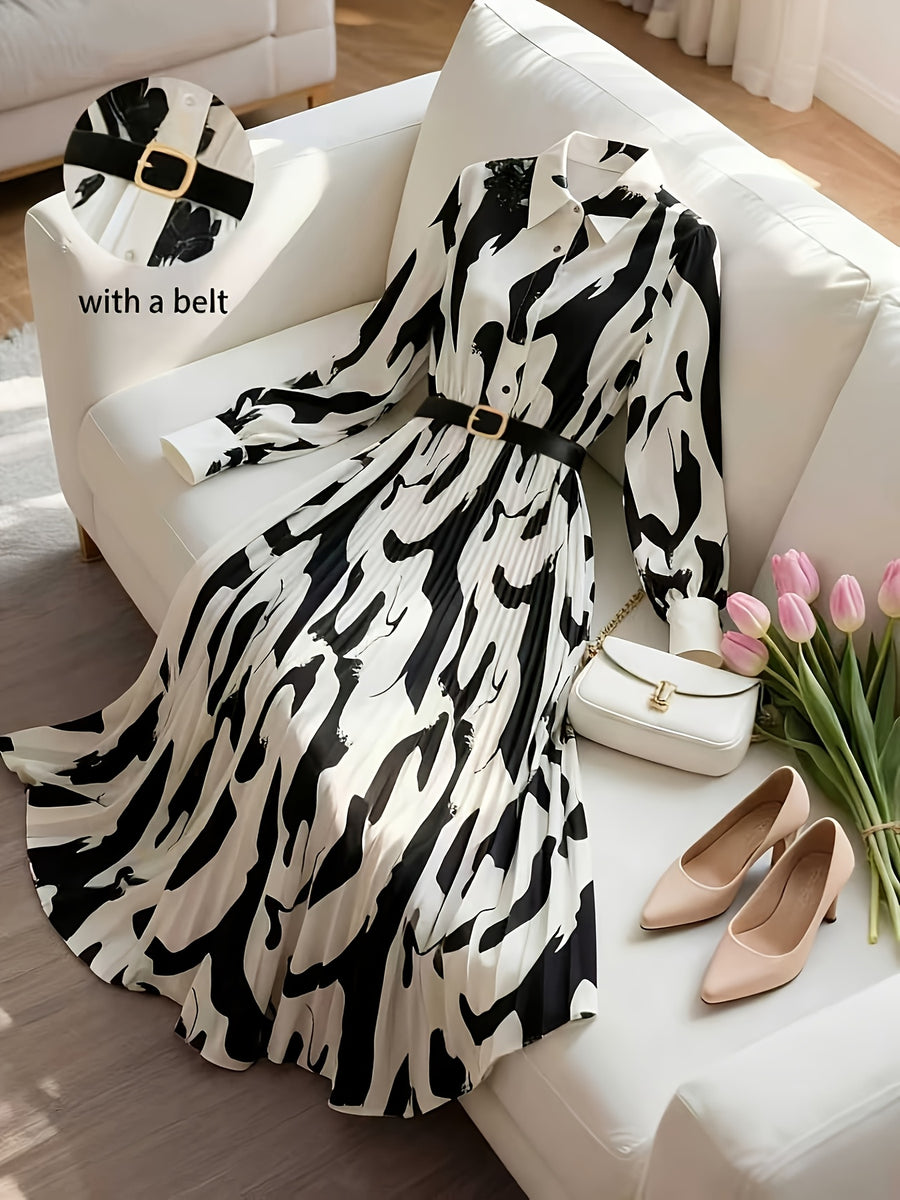 Spring Summer Women'S New Style Shirt Collar Long Sleeve Abstract Print Dress, Waist-Cinching Pleated Flared Long Skirt, Casual Commute Vacation Style Versatile Dress with Belt - White
