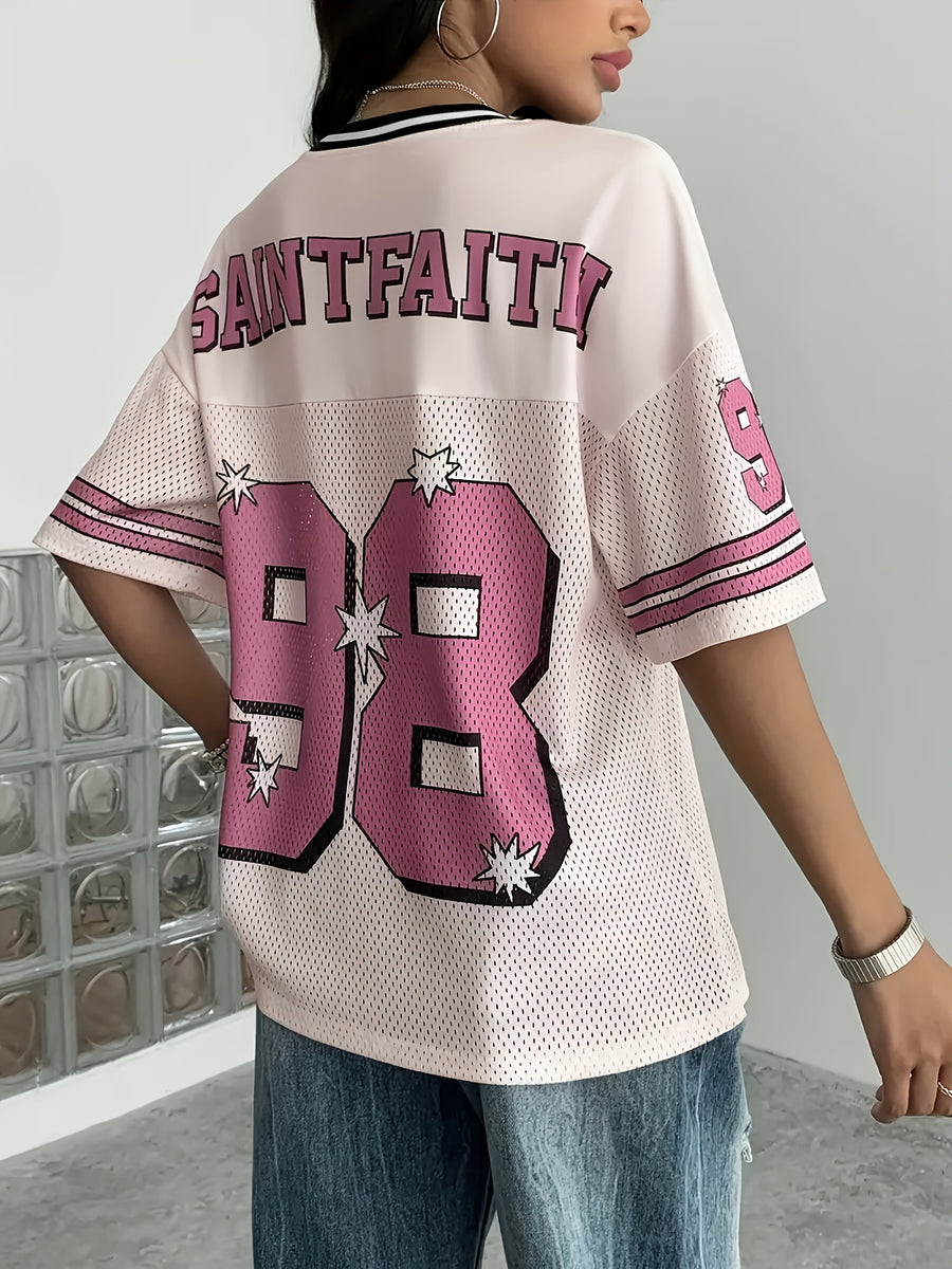 Western Women'S Digital Athletic V-Neck Design Printed T-Shirt Top - Pink Color