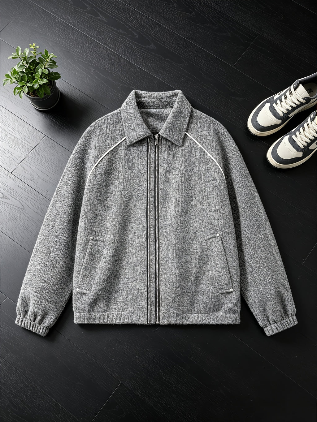 New Minimalist Style Heavyweight Tweed Lapel Men's Jacket, Korean Old Money Style Vertical Zipper with Topstitching, Versatile Short Jacket - Grey