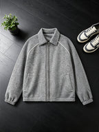 New Minimalist Style Heavyweight Tweed Lapel Men's Jacket, Korean Old Money Style Vertical Zipper with Topstitching, Versatile Short Jacket - Grey