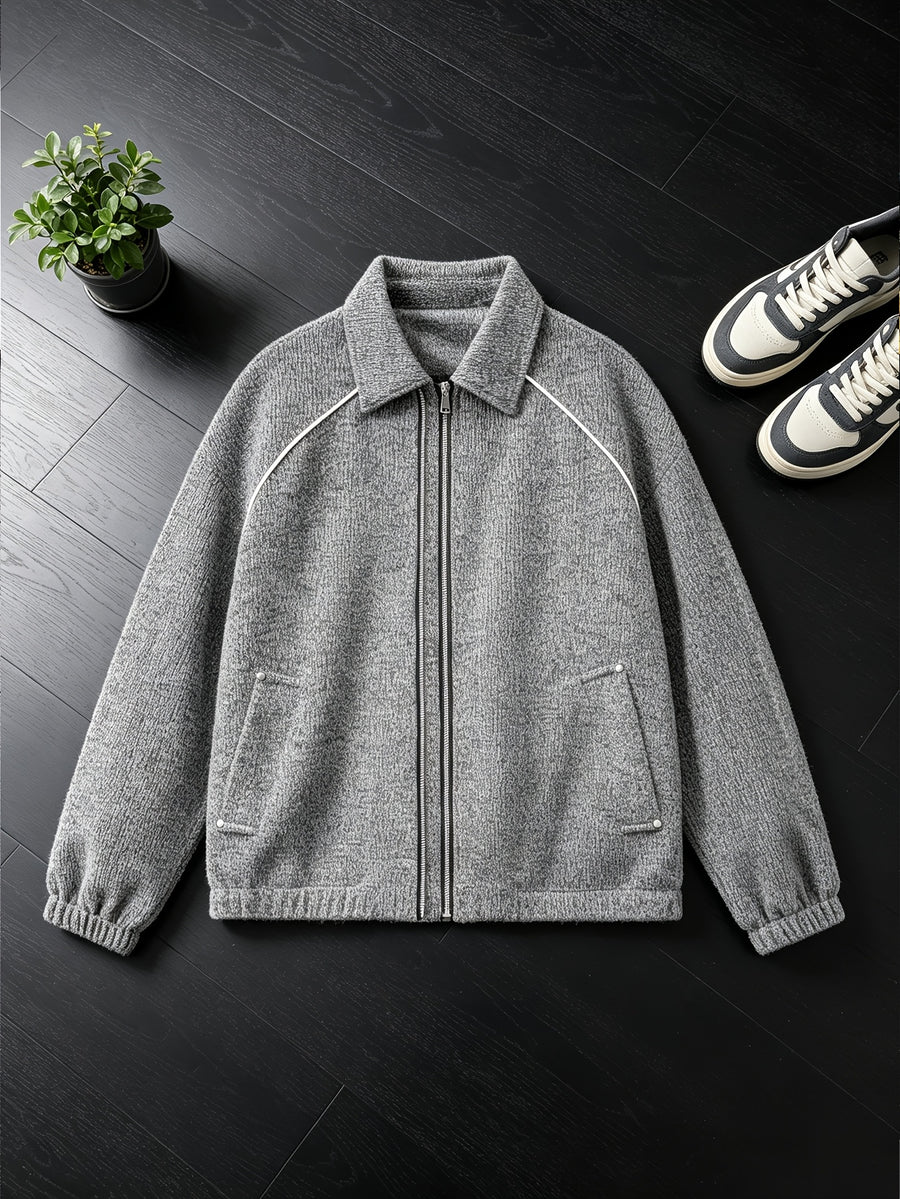 New Minimalist Style Heavyweight Tweed Lapel Men's Jacket, Korean Old Money Style Vertical Zipper with Topstitching, Versatile Short Jacket - Grey