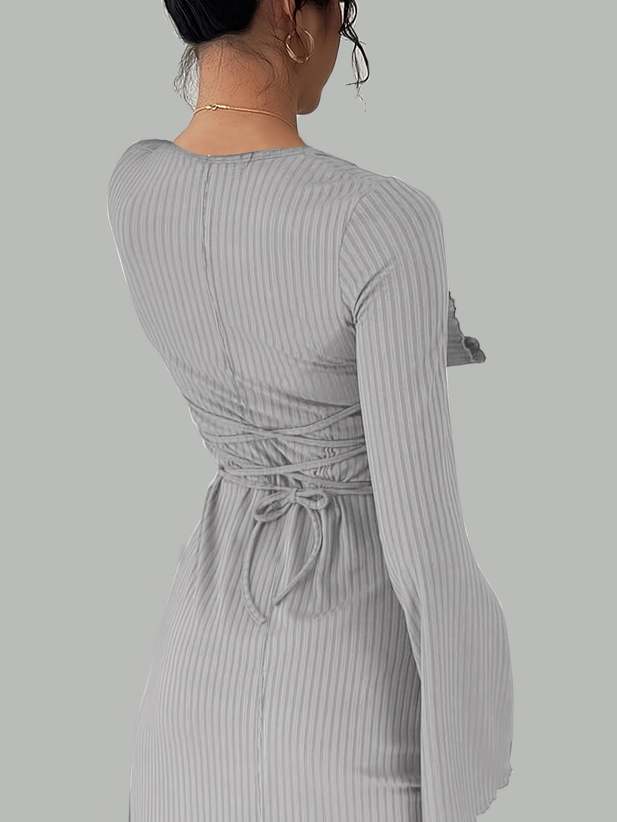 Women'S Solid Ribbed Flared Sleeve Back Tie Traditional Long Dress Elegant Long Dress - Light Grey