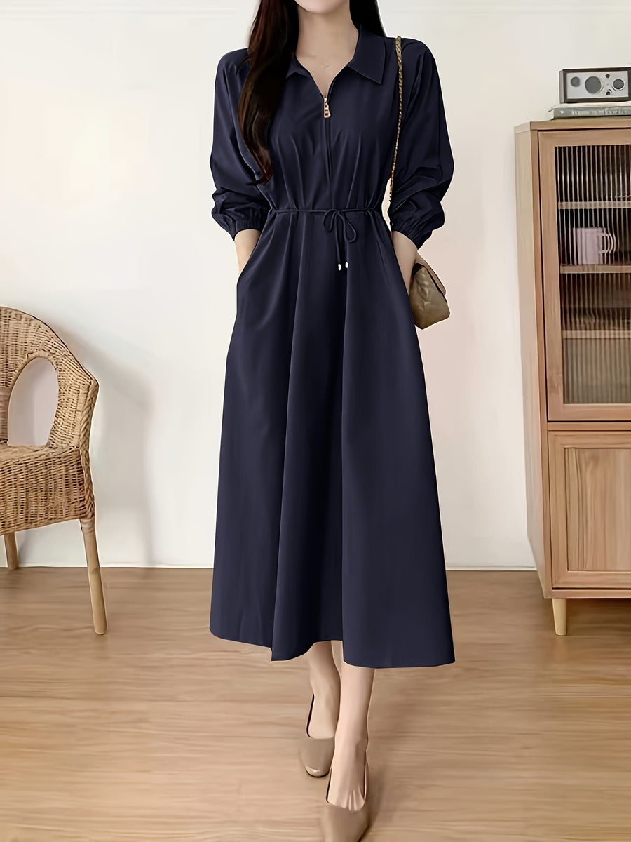 Lapel Tie Dress - Navy Color