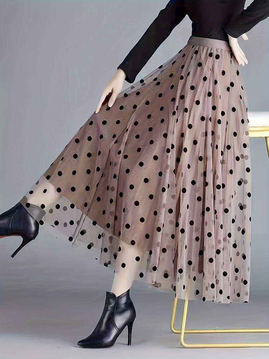 Mesh Flocked Polka Dot Elegant Midi Skirt Women'S Spring And Autumn Polka Dot Skirt - Dark Brown