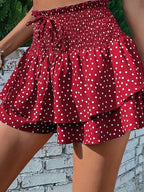 Spring/Summer Polka Dot Pattern Front Tie Double-layer Hem Shorts - The color of rouge