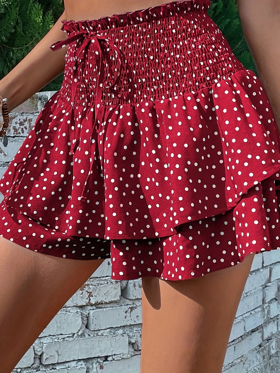 Spring/Summer Polka Dot Pattern Front Tie Double-layer Hem Shorts - The color of rouge