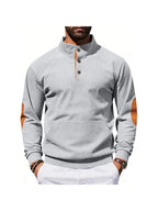 2pcs Men'S Corduroy Half-Button Stand Collar Long Sleeve Pullover Sweater, Contrast Color Button-Front Half-Open, Elbow Contrast Patchwork Decoration, Front Kangaroo Pocket, Ribbed Cuffs And Hem Retro Fashion Sweatshirt - lv+hui