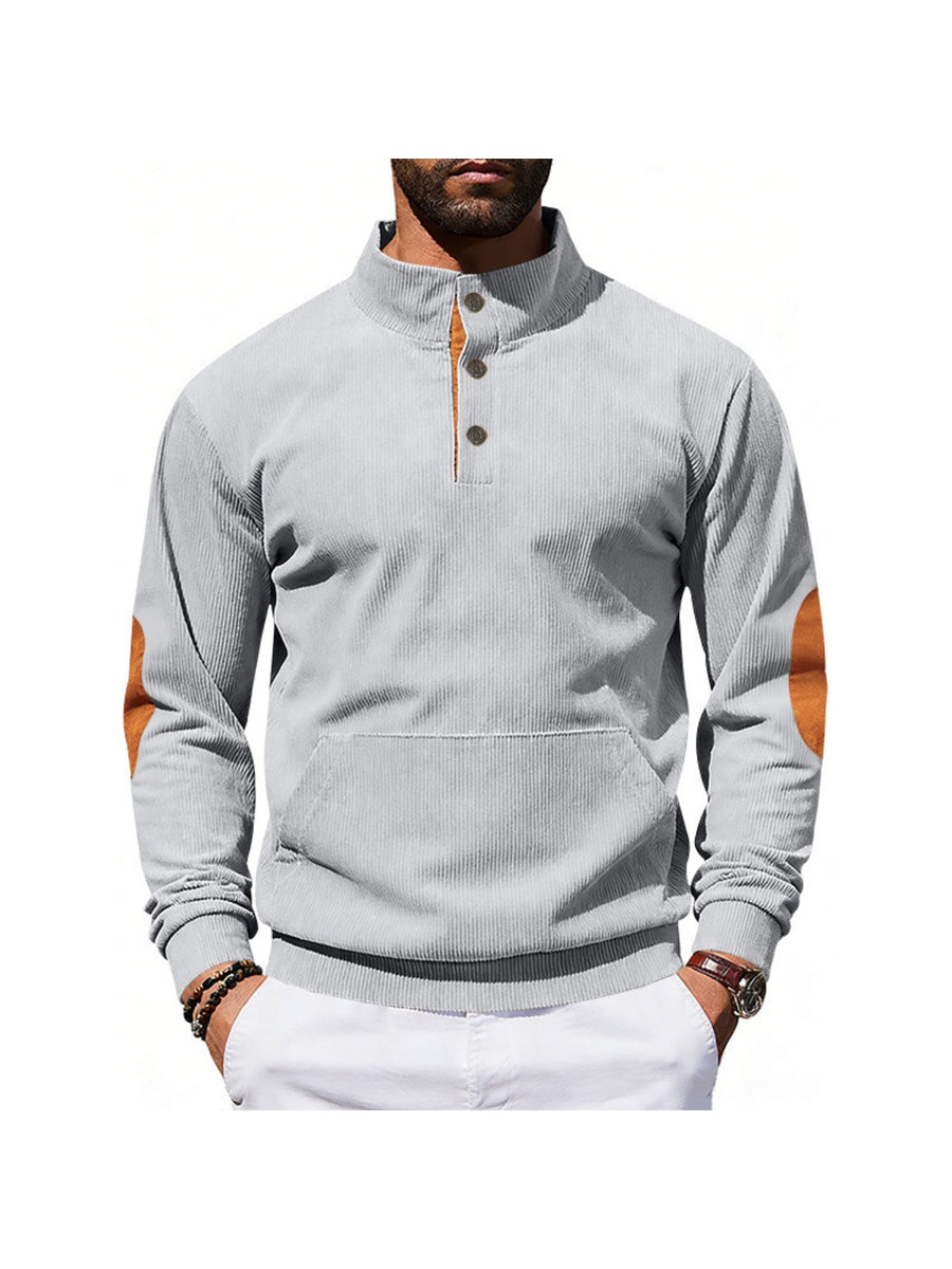 2pcs Men'S Corduroy Half-Button Stand Collar Long Sleeve Pullover Sweater, Contrast Color Button-Front Half-Open, Elbow Contrast Patchwork Decoration, Front Kangaroo Pocket, Ribbed Cuffs And Hem Retro Fashion Sweatshirt - lv+hui