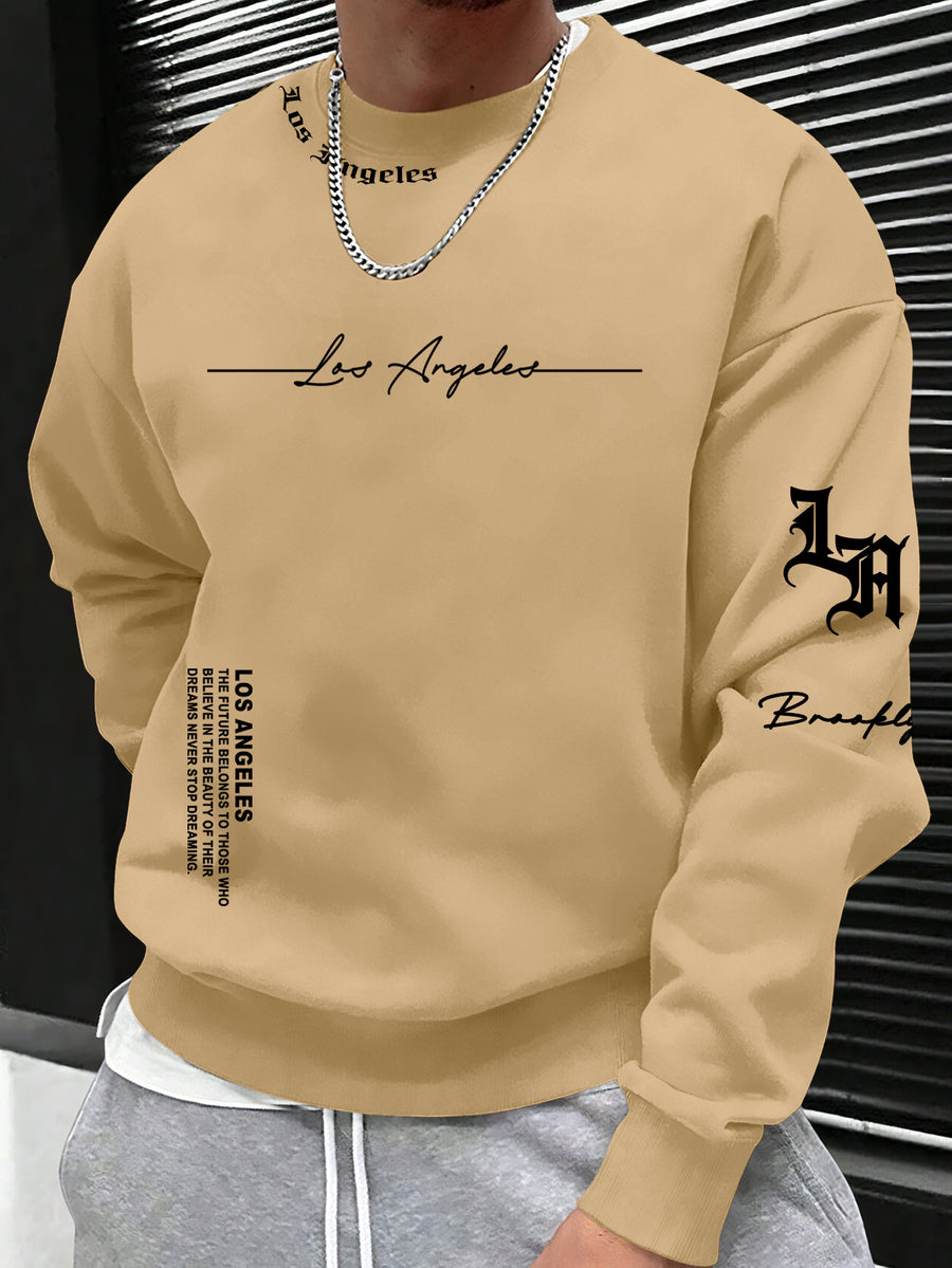 Los Angeles & Brooklyn Twin Cities Belief Crew Neck Sweatshirt" City Art Style Top! Men'S Cross-City Trend Item, City Social / Daily Outing Choice - Khaki