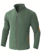 Men's Full-Zip Jacket with Herringbone Patchwork Collar & Stand Collar - Loose Fit Winter Coat, Zippered Outerwear Suitable for Fall/Winter, Machine Washable Warm Jacket for Casual Wear and Layering - Military Green