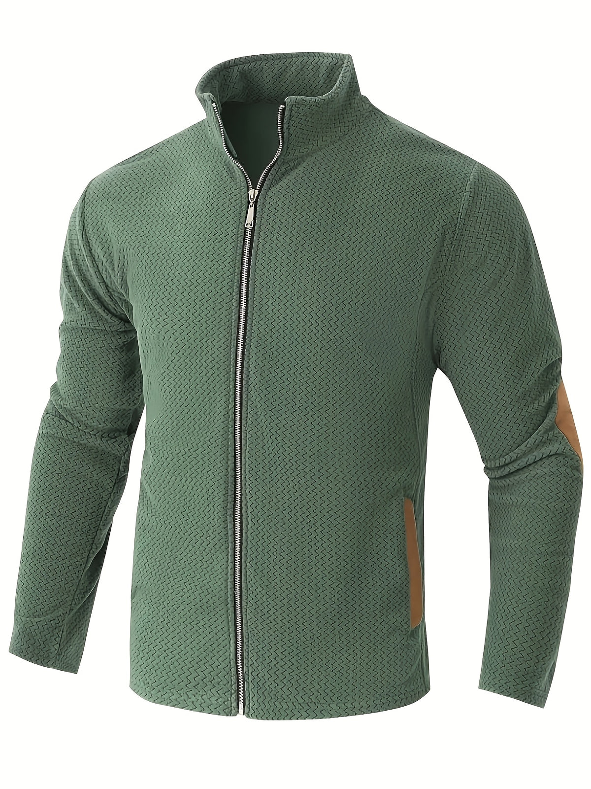 Men's Full-Zip Jacket with Herringbone Patchwork Collar & Stand Collar - Loose Fit Winter Coat, Zippered Outerwear Suitable for Fall/Winter, Machine Washable Warm Jacket for Casual Wear and Layering - Military Green