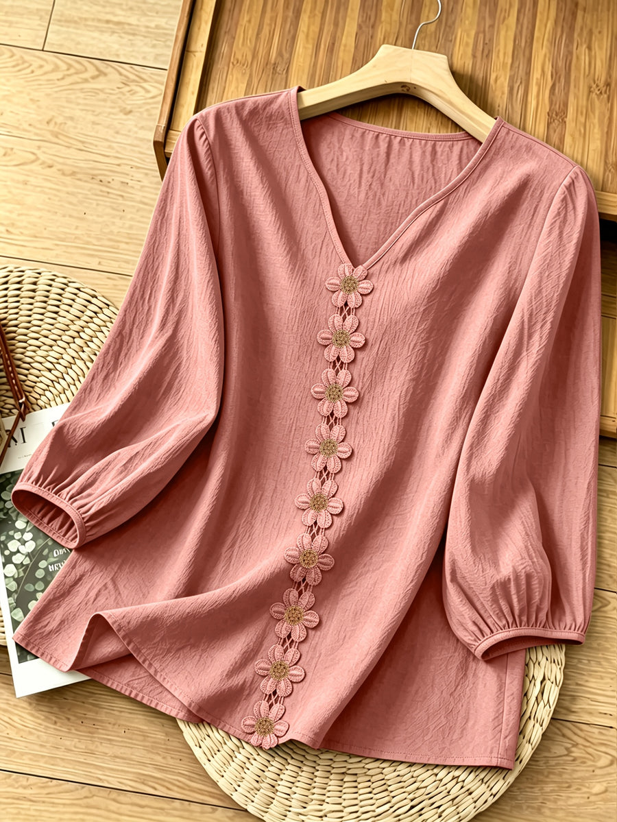 French-Style Gentle Textured Shirt with V-Neck, Lace Floral Design, Lantern Sleeves, Loose Fit, Relaxed Style, Versatile Daily Top - Peach