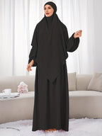 A Set (+Abaya) Fashionable And Elegant Muslim Dress, Elegant Cuff Drawstring, Comfortable And Casual Solid Color, Suitable for Outdoor Travel And Daily Wear. Loose Women'S Abaya Dress - Black