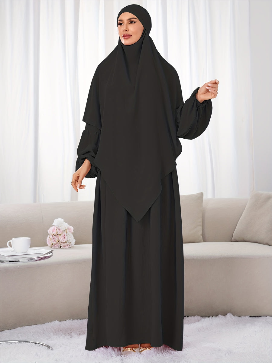 A Set (+Abaya) Fashionable And Elegant Muslim Dress, Elegant Cuff Drawstring, Comfortable And Casual Solid Color, Suitable for Outdoor Travel And Daily Wear. Loose Women'S Abaya Dress - Black