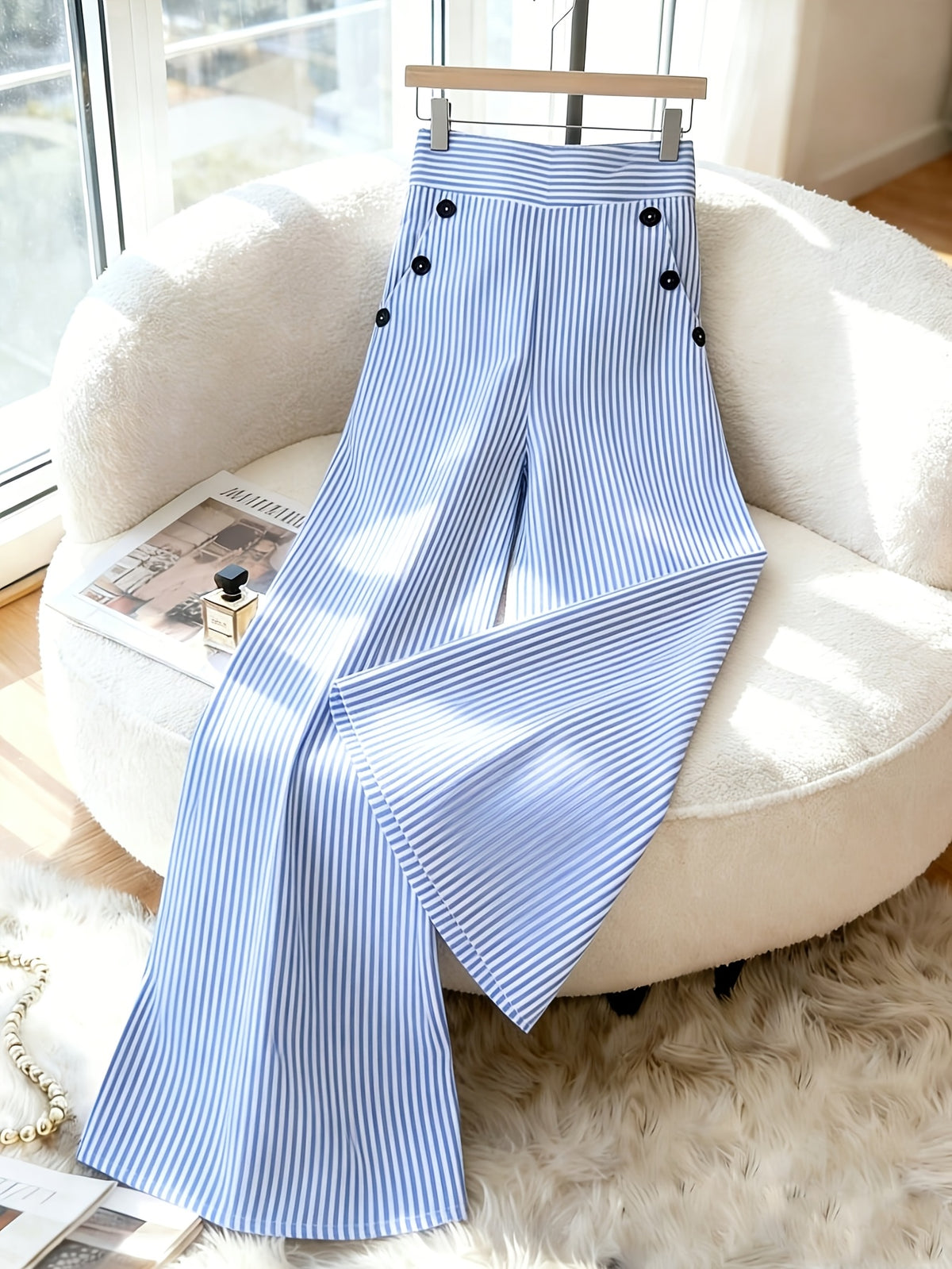 New Korean-style Spring/summer Fashion, Simple and Elegant Blue and White Striped Pants, High-waisted Straight-leg Loose-fitting Casual Women's Trousers - Sky Blue