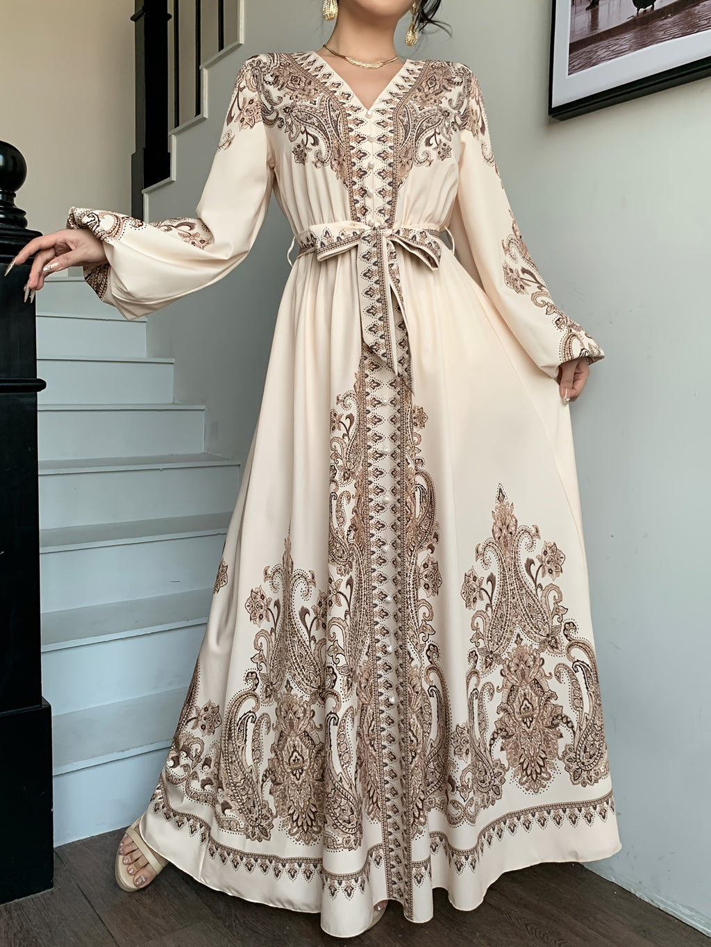 Women'S Elegant Paisley Print Long Sleeve Maxi Dress, V-Neck Bohemian Style Long Shirt Robe, Retro Floral A-Line Party Dress, Dignified Long Dress - Apricot Brown
