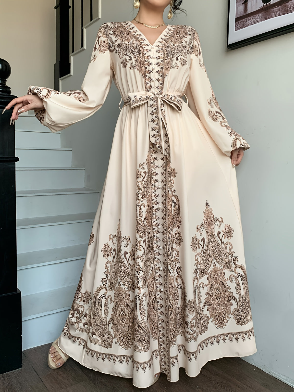 Women'S Elegant Paisley Print Long Sleeve Maxi Dress, V-Neck Bohemian Style Long Shirt Robe, Retro Floral A-Line Party Dress, Dignified Long Dress - Apricot Brown