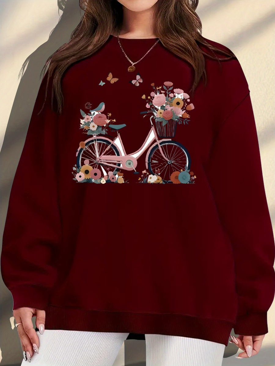Plus Size, Extended Apparel: Women's Spring/Autumn/Winter Cross-Border European & American Plus-Size Simple Graphic Print Sweatshirt, Casual Crew Neck Sweatshirt, Women's Plus-Size Sweatshirt - Burgundy