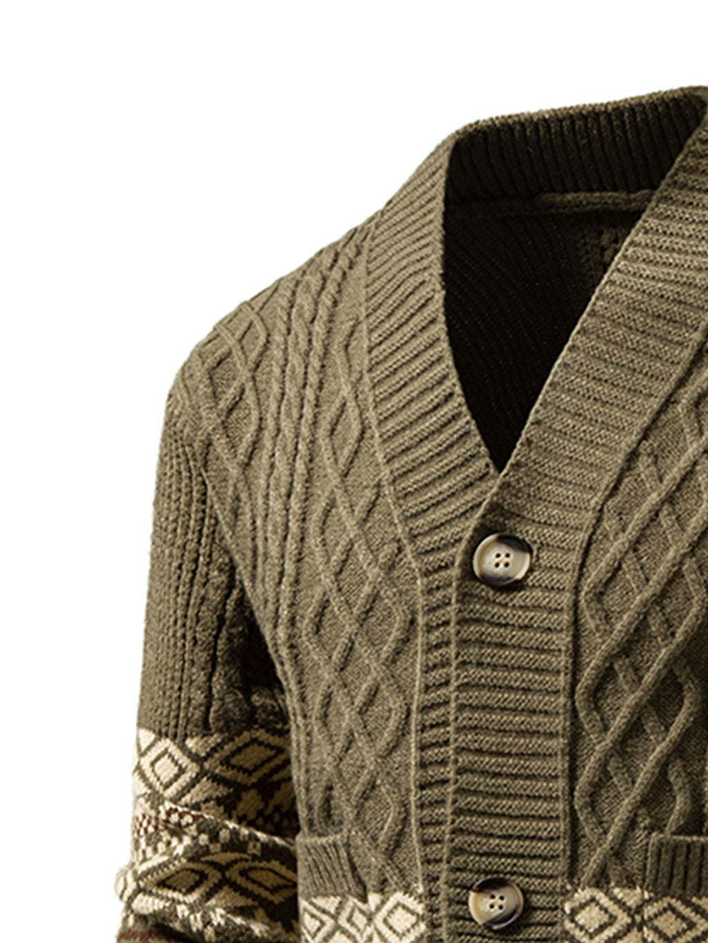 Winter New Striped Geometric Pattern Button Thickened Long Sleeve Sweater Men'S Warm Knit Cardigan X - Olive Green