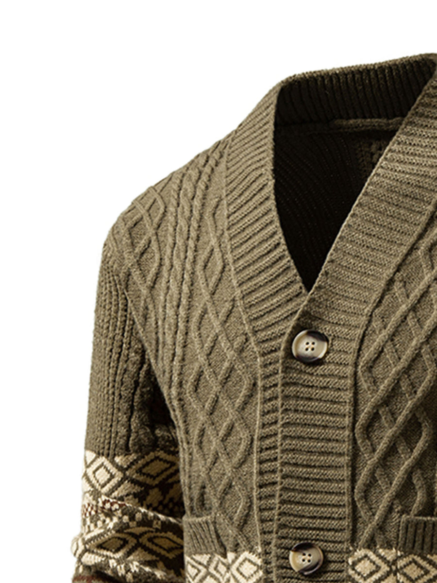 Winter New Striped Geometric Pattern Button Thickened Long Sleeve Sweater Men'S Warm Knit Cardigan X - Olive Green