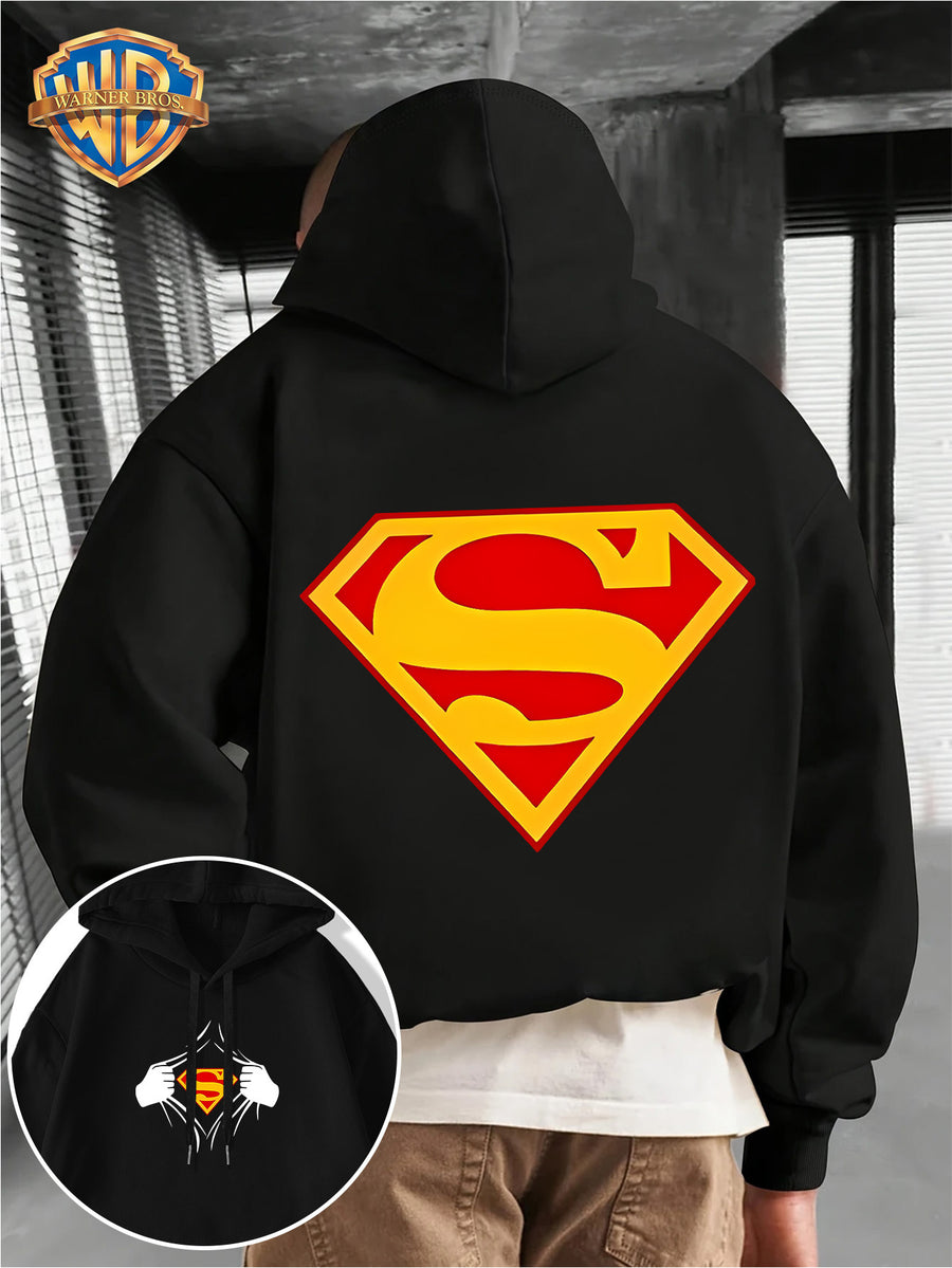 WB Men's Superman 'S' Logo Hooded - Iconic WB Logo & Superman Emblem Print Hoodie, Loose-Fit Casual Pullover with Hood, Fall/Winter Warmth, Machine Washable Suitable for Fall/Winter Warmth, Iconic Superman - Black