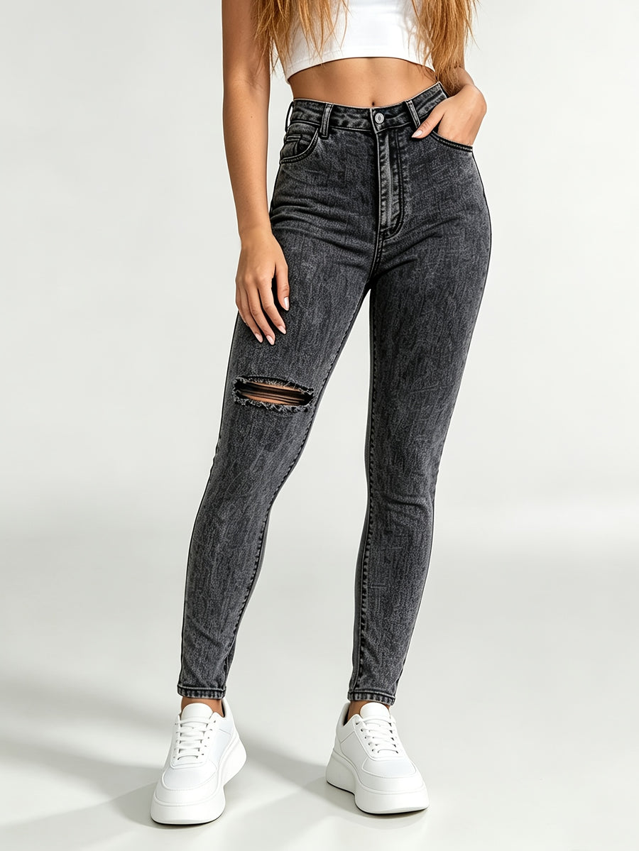 Popular Stylish Women's Denim Pants, Spring/Autumn New Arrival, Color-Block Washed Snowflake Ripped Jeans, Fashionable Casual Versatile Skinny Stretch Denim Trousers for Women, 6318168 - Dark Gray