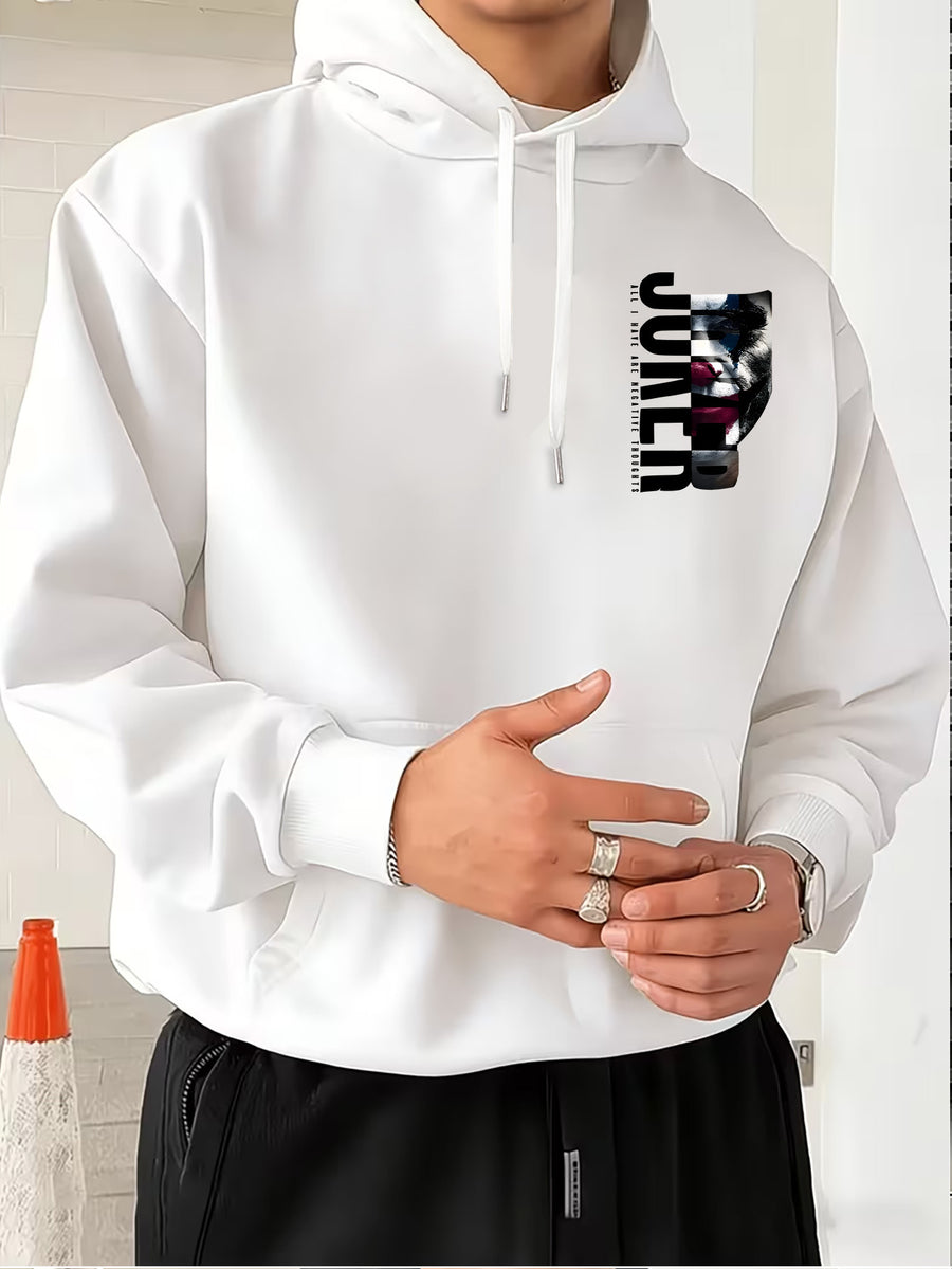 Authorized by Warner Bros., Featuring Dark JOKER Clown Patch Letter Print, Hat Design Pattern, Multi-Functional Street Style Men'S Hooded Sweatshirt, Comfortable Casual, Suitable for Autumn And Winter - White