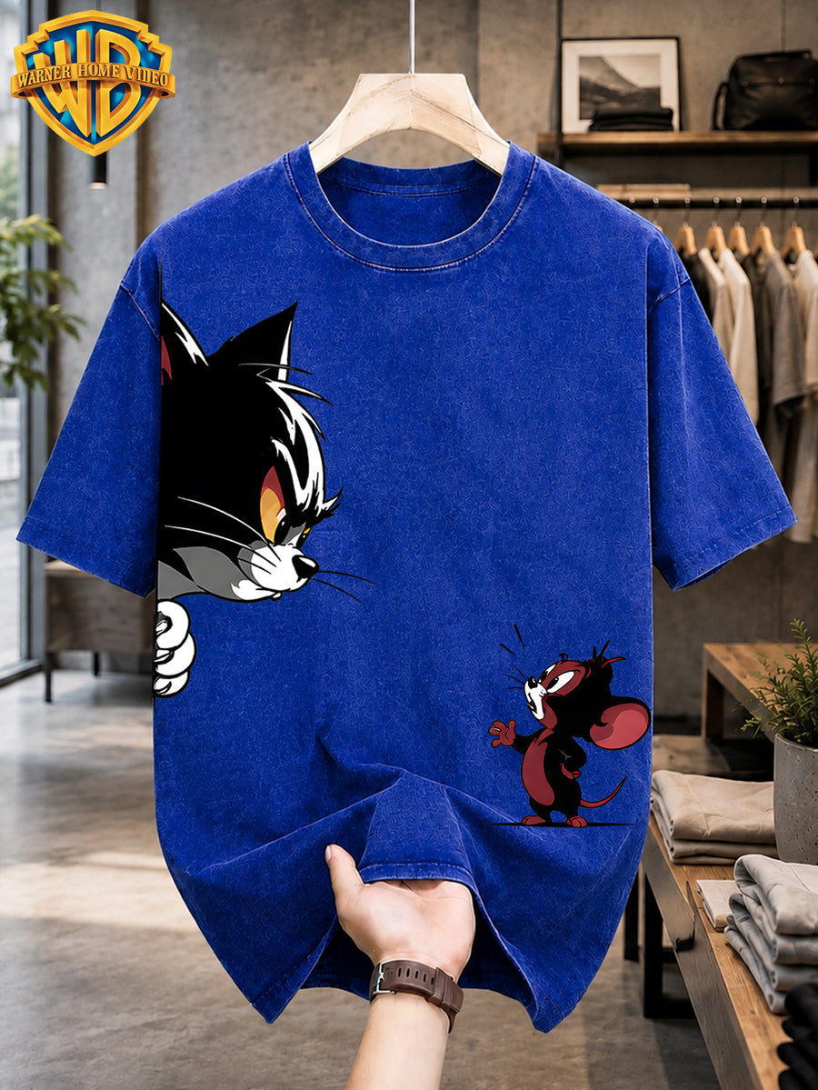 By Warner, This Men's Short-sleeved T-shirt Features a Classic and Fun Interactive Cartoon Print Design, with an American Retro Washed-out Style. It Is Suitable for Outdoor Activities and Daily Commuting, and Can Be Machine Washed. - Royal Blue