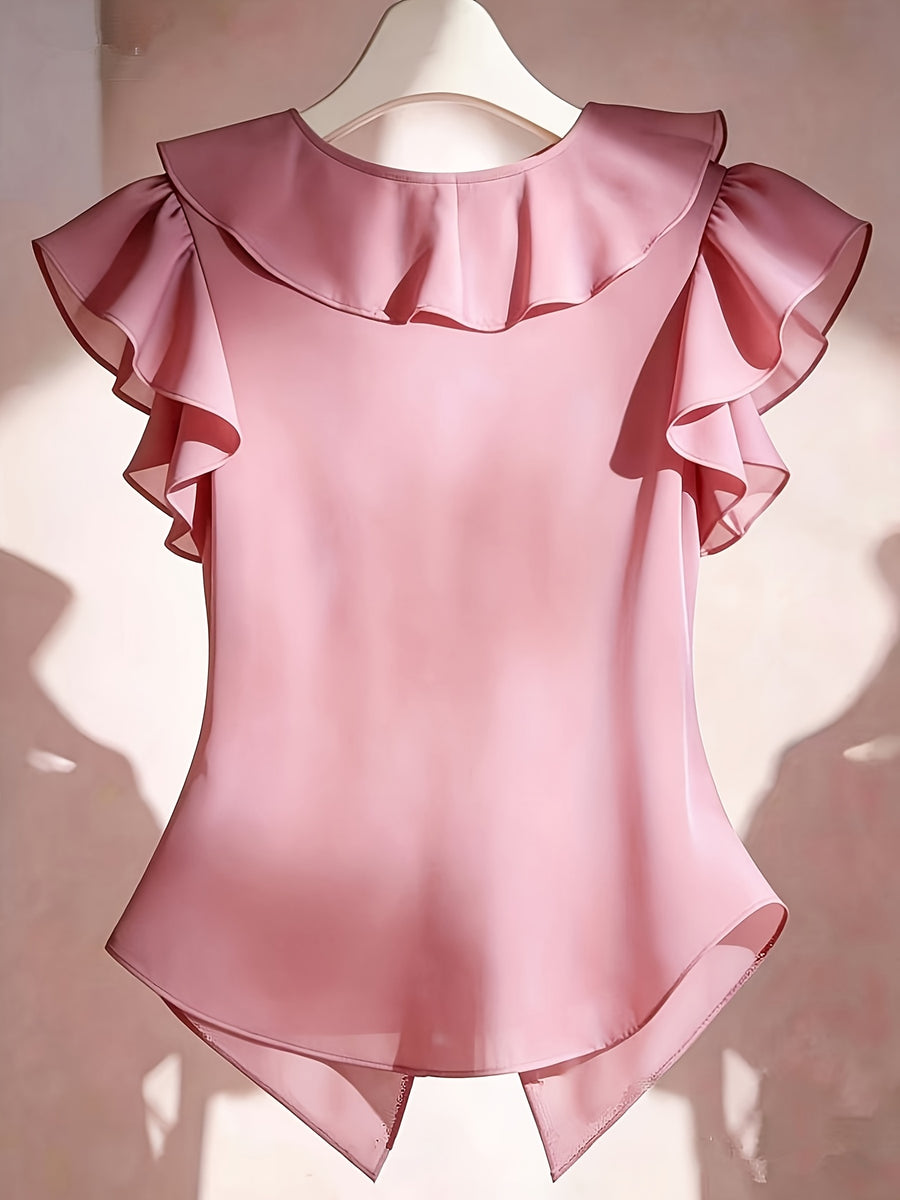 Summer French Solid Ruffled Fly Short Sleeve Shirt Chiffon Top Women'S - Pink Color
