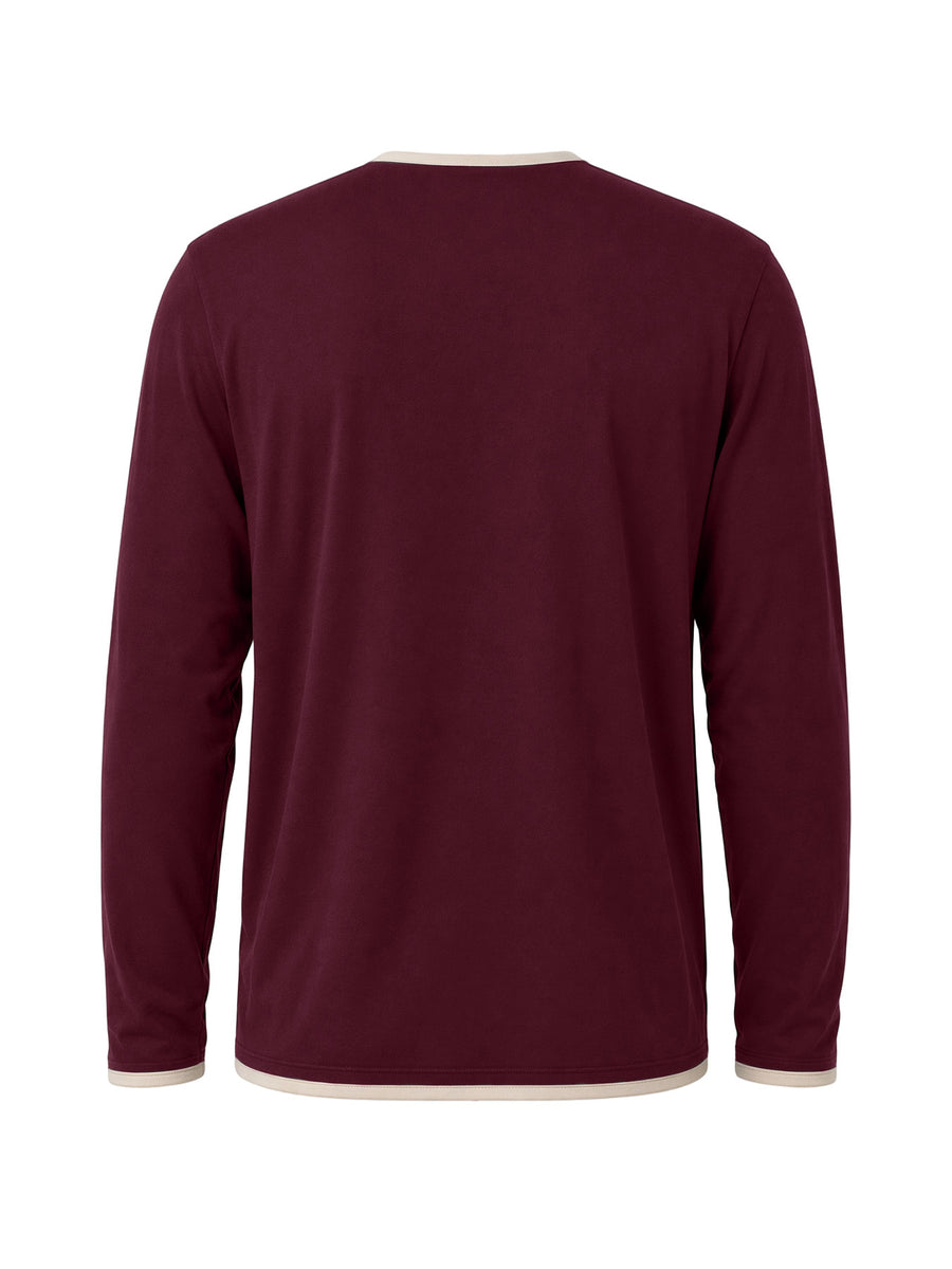 Men'S Retro Color-Block Casual Henley Long Sleeve, Spring Summer Autumn Regular Fit Fashionable Versatile T-Shirt, Solid Color, Knit Fabric, Breathable Comfortable Henley Long Sleeve, Half-Button Round Neck Design, Multiple Colors Available - Maroon 2