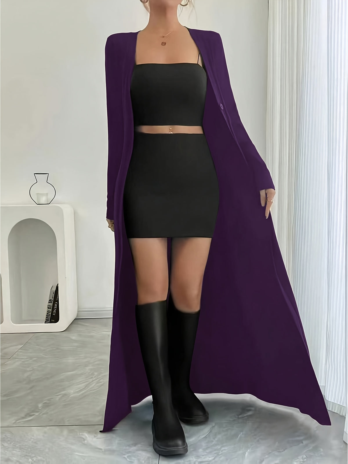 New Spring/Autumn Women's European and American Style Daily Solid Color Long Button-Up Cardigan, Long Sleeve, Slim Fit, Casual Commuter Outerwear - Purple