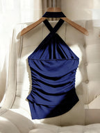 Women'S Solid Color Neckline Exquisite Metal Accessory Halter Slim Off-Shoulder Elegant Asymmetrical Hem Top, Side Waist Cinched Ruched Top, Metal Embellished Button Design, Suitable for Dates, Gatherings, Commuting - Navy Color