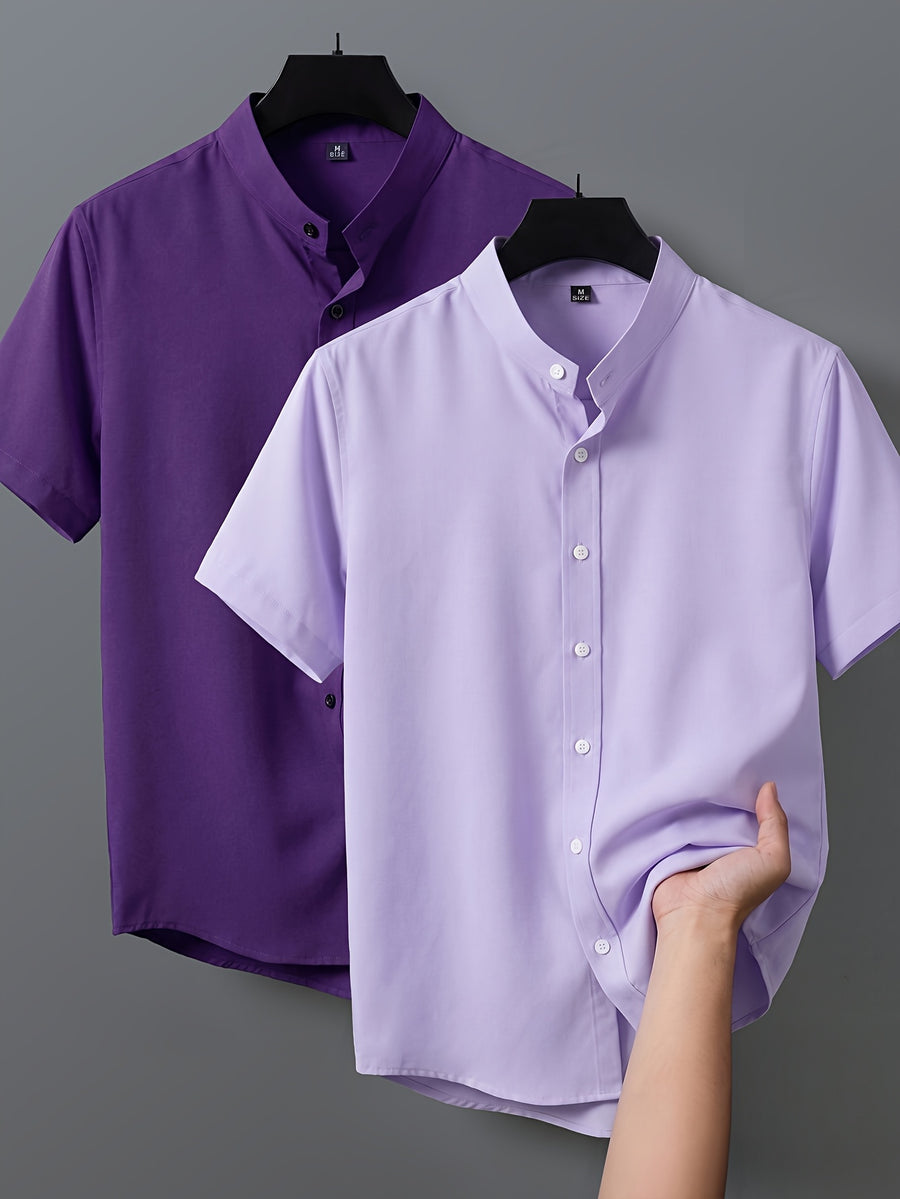 2pcs Men's Short-Sleeve Shirts, Henley/Stand-Up Collar Design, Summer Casual Outerwear - 13