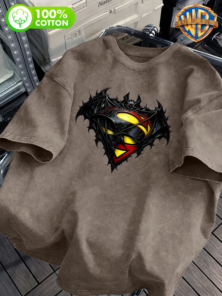 Warner Bros. Official 1pc Men's 100% Cotton Washed "Super Bat Fusion Dark Logo Vintage Washed Black Printed Short Sleeve T-Shirt" Casual Cotton Versatile Loose Summer Round Neck Short Sleeve, Suitable for Outdoor Sports, Daily Wear, Best Choice - Coffee Brown
