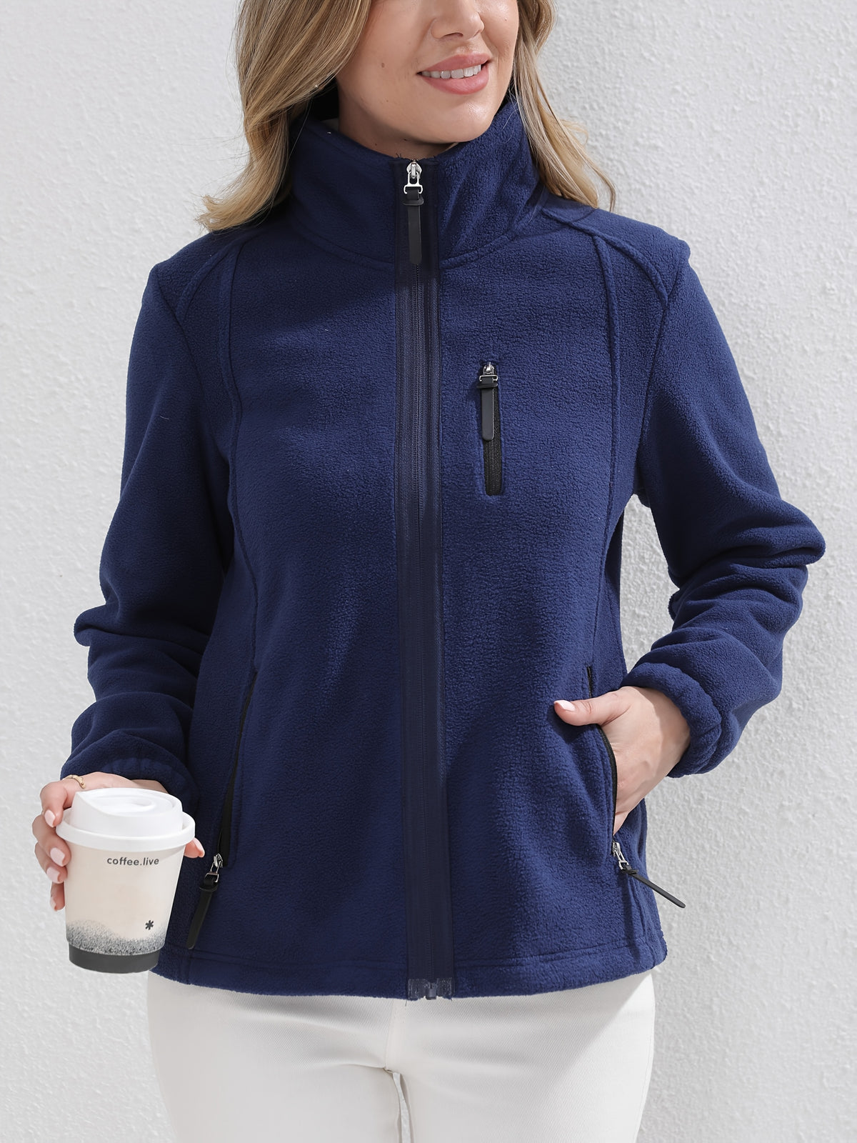 1pc Fleece Zip-Up Jacket with Zipper Pockets, Autumn And Winter Fashion, Elegant Commute, Party, Outdoor Leisure, Daily Women'S Navy Coat - Navy Color
