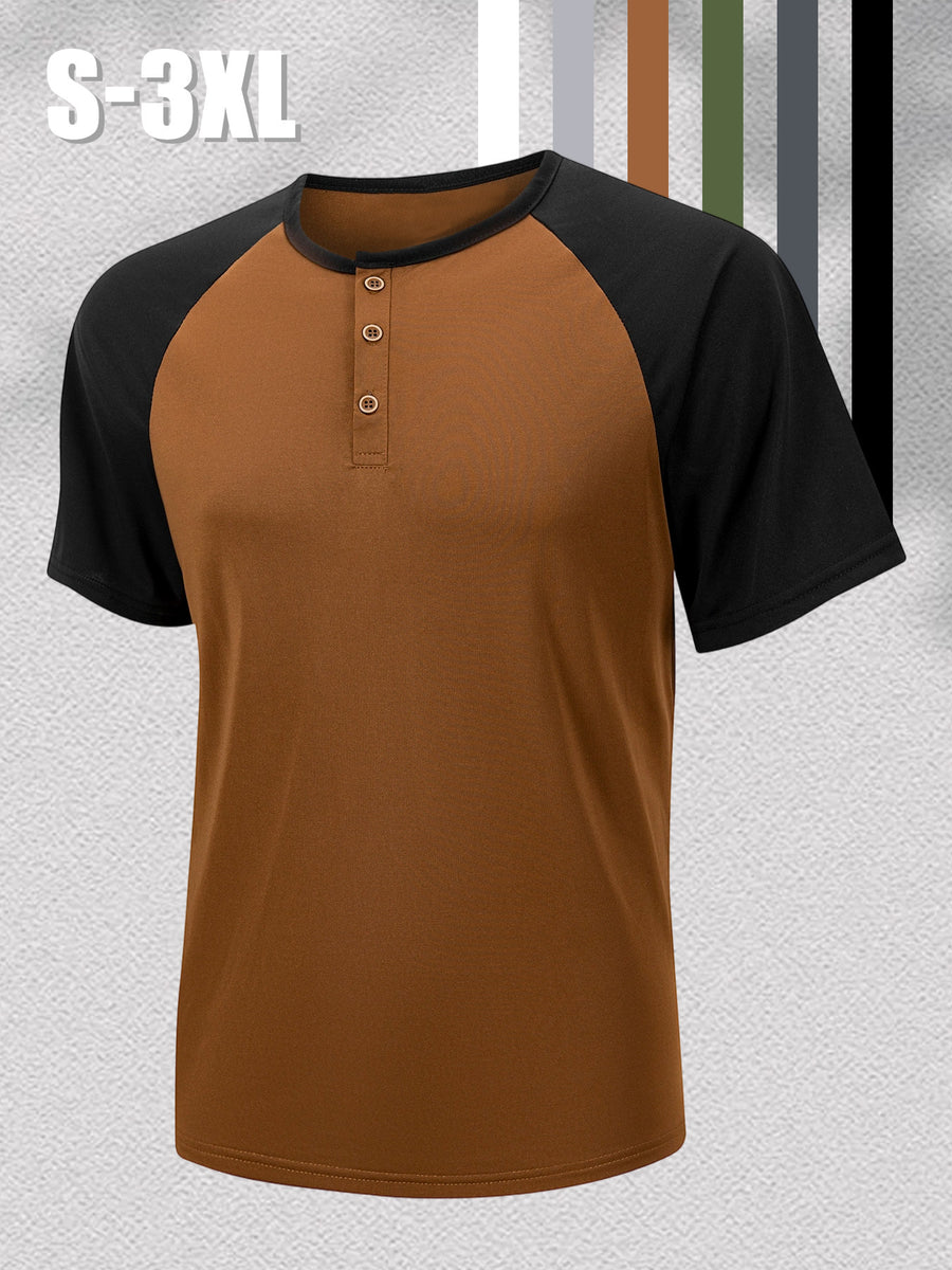 1 Men's Summer V-Neck Casual T-Shirt, Breathable and Lightweight Street Fashion Short-Sleeve Top, Daily Office Business Contrast Color Design Henley Shirt with Button- Collar, Suitable for Outings, Home, Work, Travel, Cycling, and Streetwear - Brown