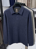 Men's Solid Color Long-Sleeve Polo Knit Shirt, Soft and Skin-Friendly Blended Yarn Polo Shirt, Semi-Open Collar for Easy Wear and Universal Fit, Suitable for Daily Commuting, Visiting Friends and Family, Casual Loose-Fit Long-Sleeve T-Shirt - Blue