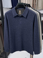 Men's Solid Color Long-Sleeve Polo Knit Shirt, Soft and Skin-Friendly Blended Yarn Polo Shirt, Semi-Open Collar for Easy Wear and Universal Fit, Suitable for Daily Commuting, Visiting Friends and Family, Casual Loose-Fit Long-Sleeve T-Shirt - Blue