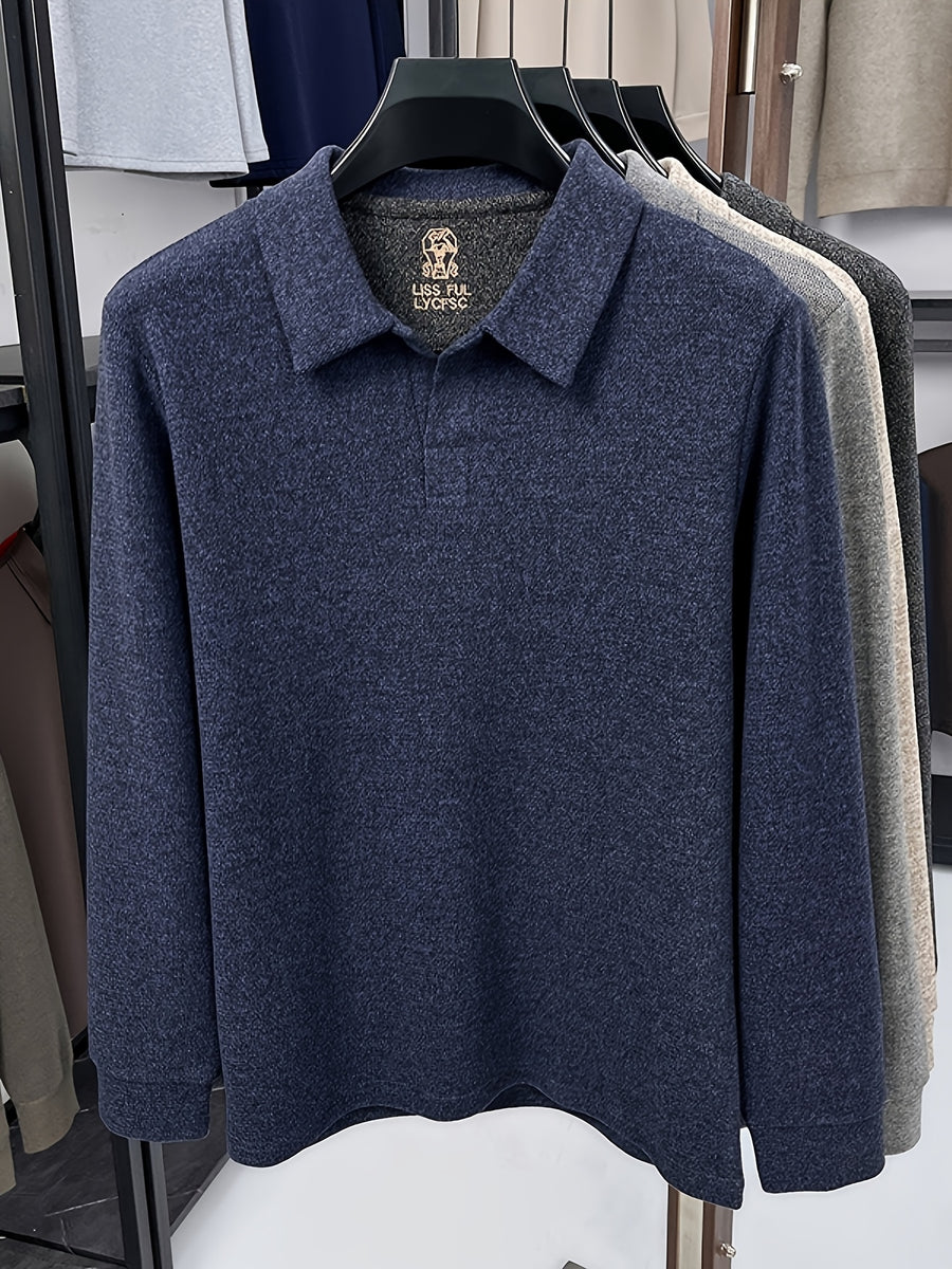 Men's Solid Color Long-Sleeve Polo Knit Shirt, Soft and Skin-Friendly Blended Yarn Polo Shirt, Semi-Open Collar for Easy Wear and Universal Fit, Suitable for Daily Commuting, Visiting Friends and Family, Casual Loose-Fit Long-Sleeve T-Shirt - Blue