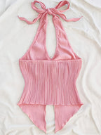Summer Vacation Vest, Halter Neck Sexy Asymmetrical Hem Vest - pink color