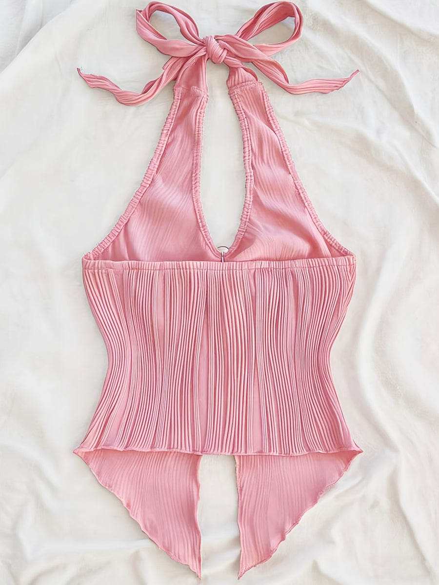 Summer Vacation Vest, Halter Neck Sexy Asymmetrical Hem Vest - pink color