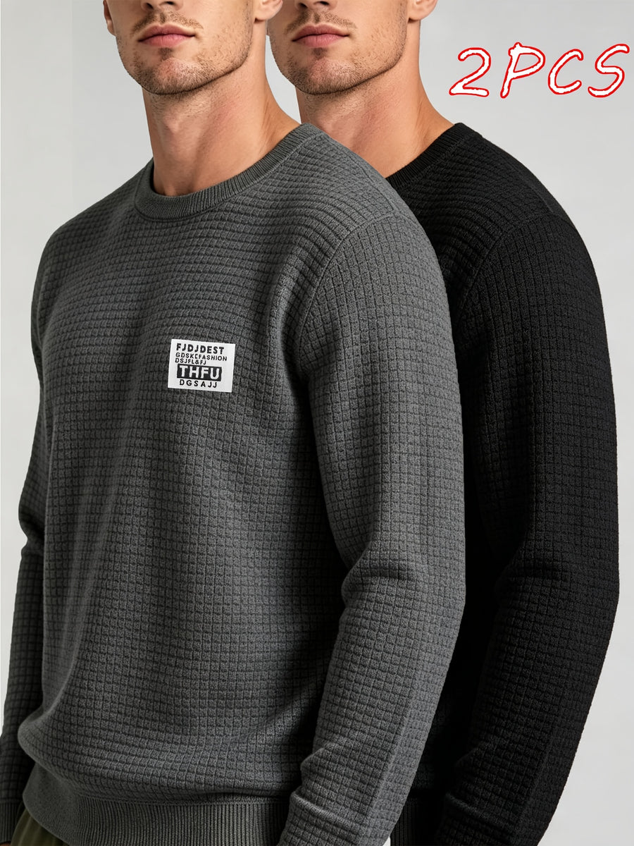 2pcs Men's Knit Pullover, Crew Neck Sweater in Different Color Combinations, Small Check Waffle Knit Texture, Warm and Comfortable for Autumn/Winter, Solid Color Simple and Versatile, Can Be Used as a Gift for Men - Black+dark Gray