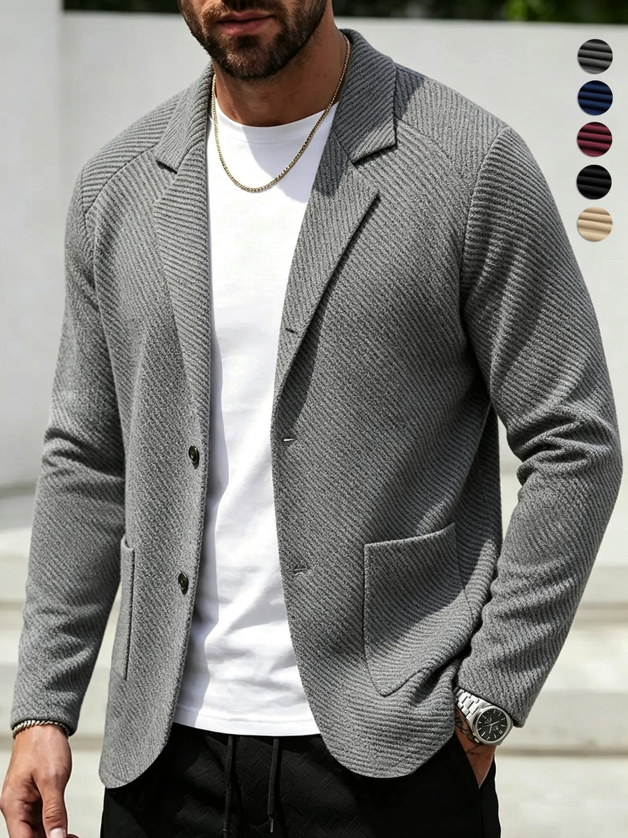 Men'S Spring Autumn New Pinstripe Textured Fabric Blazer Collar Cardigan Single Button Double Pocket Business Casual All-Match Long Sleeve Jacket, Knit Soft Comfortable Fashion Solid Color Outerwear Suitable for Daily Outings, Dates, Holidays - Grey