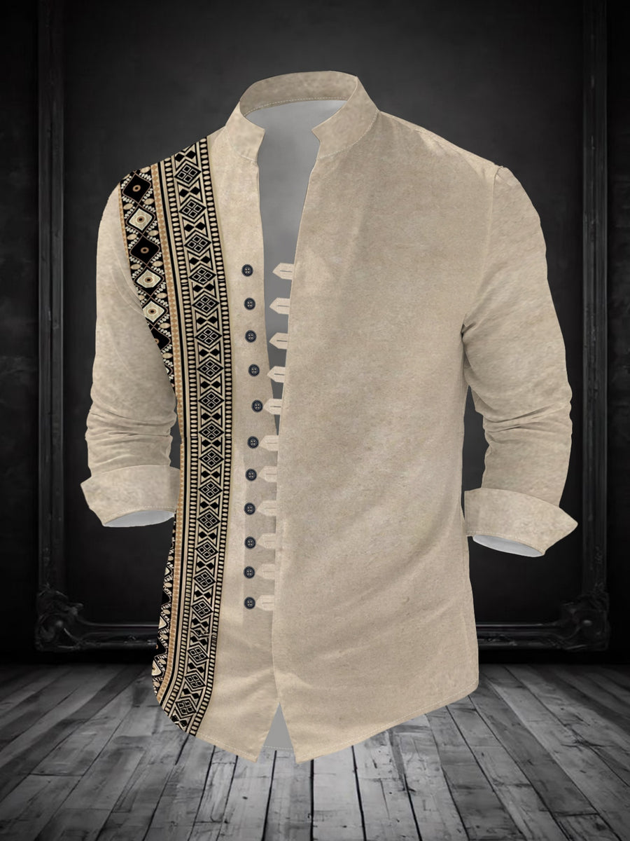 Men's Ethnic Style Stand Collar 11-Row Button Printed Long-Sleeve Shirt Fashionable Geometric Pattern Design Casual Versatile Top Women's Clothing - Mixed colors