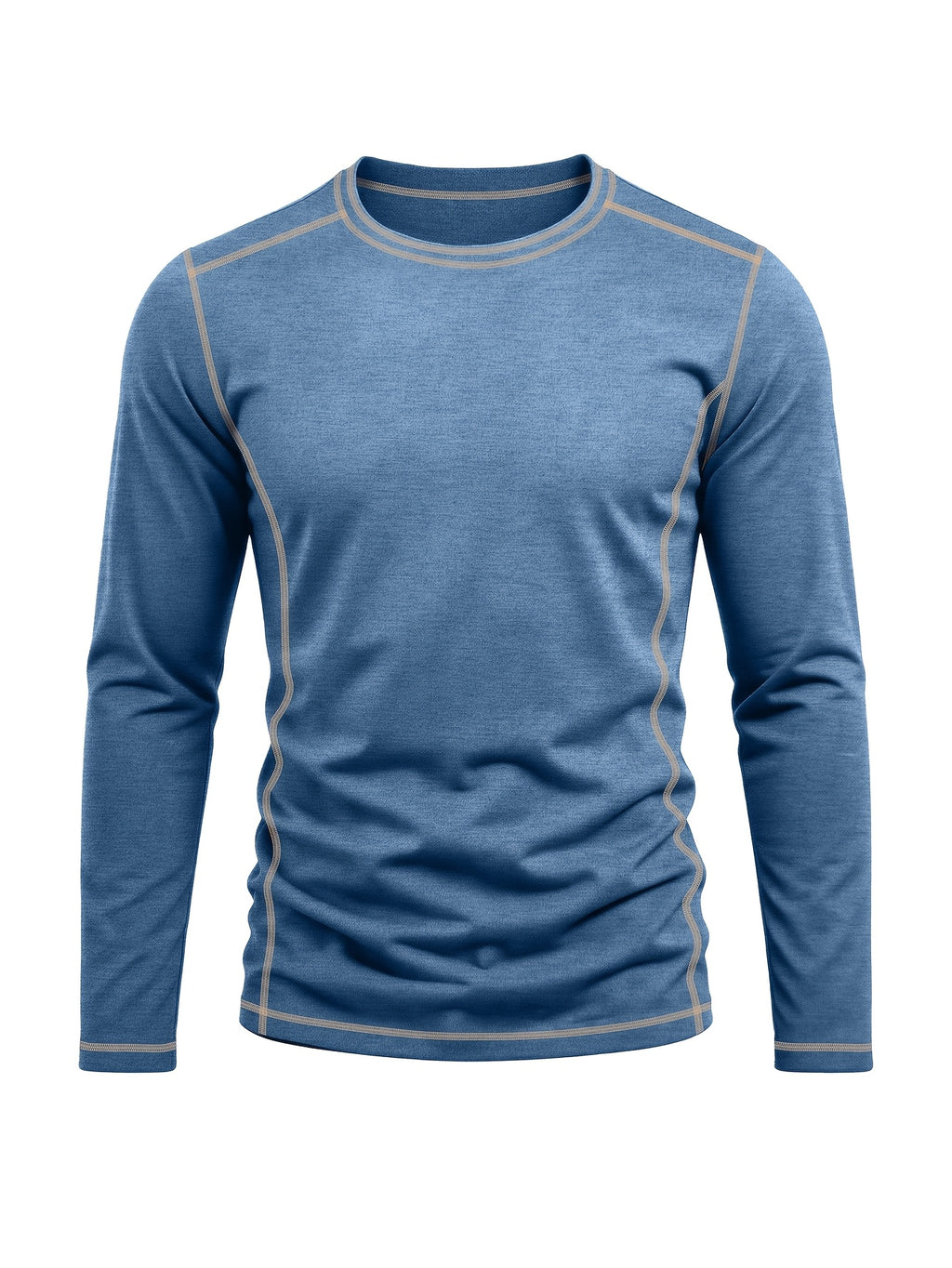 Men's Retro Patchwork T-Shirt - Solid Color Base with Contrast Patch Suitable for Fall/Winter, Round Neck Long Sleeve Casual Layering Top, Machine Washable Blending Shirt for Outdoor & Casual Attire (Regular Fit) - Blue