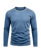 Men's Retro Patchwork T-Shirt - Solid Color Base with Contrast Patch Suitable for Fall/Winter, Round Neck Long Sleeve Casual Layering Top, Machine Washable Blending Shirt for Outdoor & Casual Attire (Regular Fit) - Blue