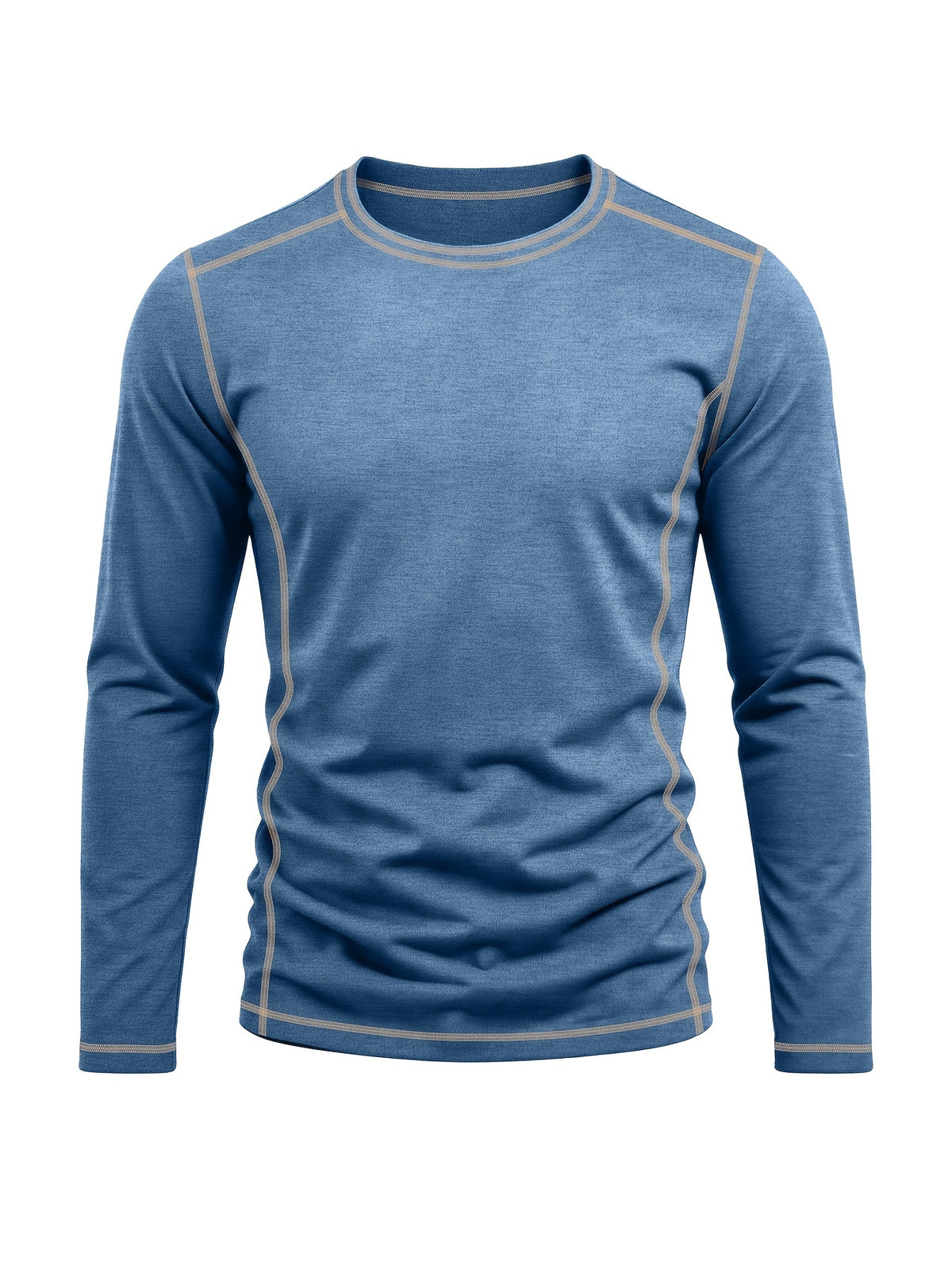 Men's Retro Patchwork T-Shirt - Solid Color Base with Contrast Patch Suitable for Fall/Winter, Round Neck Long Sleeve Casual Layering Top, Machine Washable Blending Shirt for Outdoor & Casual Attire (Regular Fit) - Blue