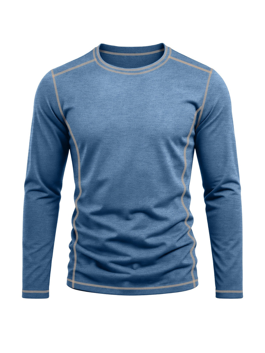 Men's Retro Patchwork T-Shirt - Solid Color Base with Contrast Patch Suitable for Fall/Winter, Round Neck Long Sleeve Casual Layering Top, Machine Washable Blending Shirt for Outdoor & Casual Attire (Regular Fit) - Blue