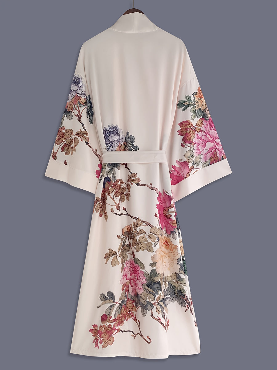 Japanese-style Rose Print Mid-length Three-quarter Sleeve Kimono Cardigan, Lightweight Outerwear for Women, Elegant European and American Ethnic-inspired Streetwear Casual Cover-up, Beach Vacation Travel Uchikake-style Thin Cape Coat, Home Yukata - Pink Color