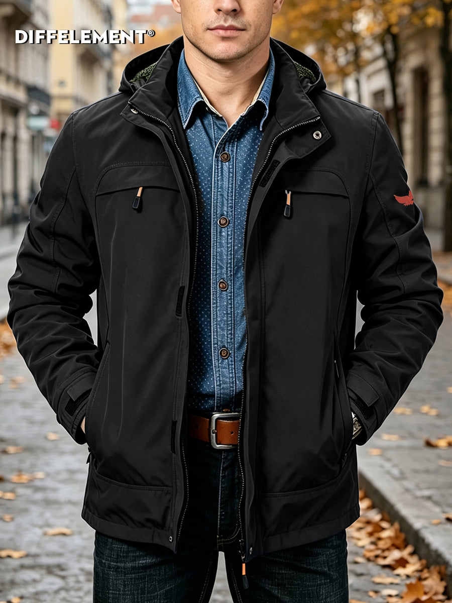 Men'S Drawstring Removable Hooded Utility Jacket, Wrinkle-Resistant Breathable Durable Woven Fabric, Fitted Short Length Spring Autumn City Commute Hiking Style, Autumn Street Outdoor Multi-Scene Wear, Orange Zipper Contrast Pocket - Black